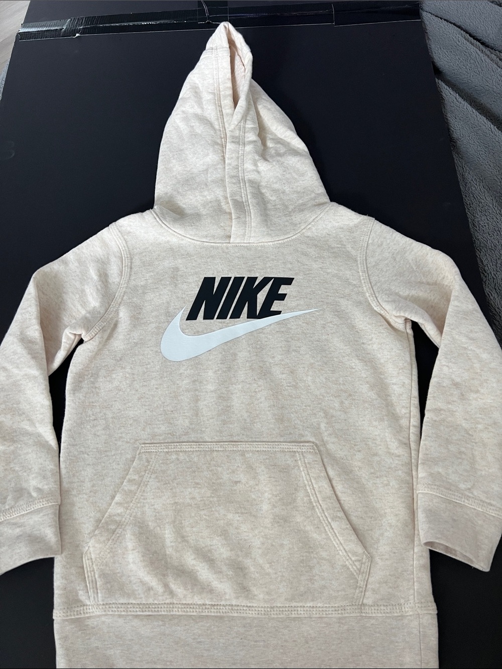 Kids Nike Hoodie in Light Beige with Black Logo and White Swoosh
